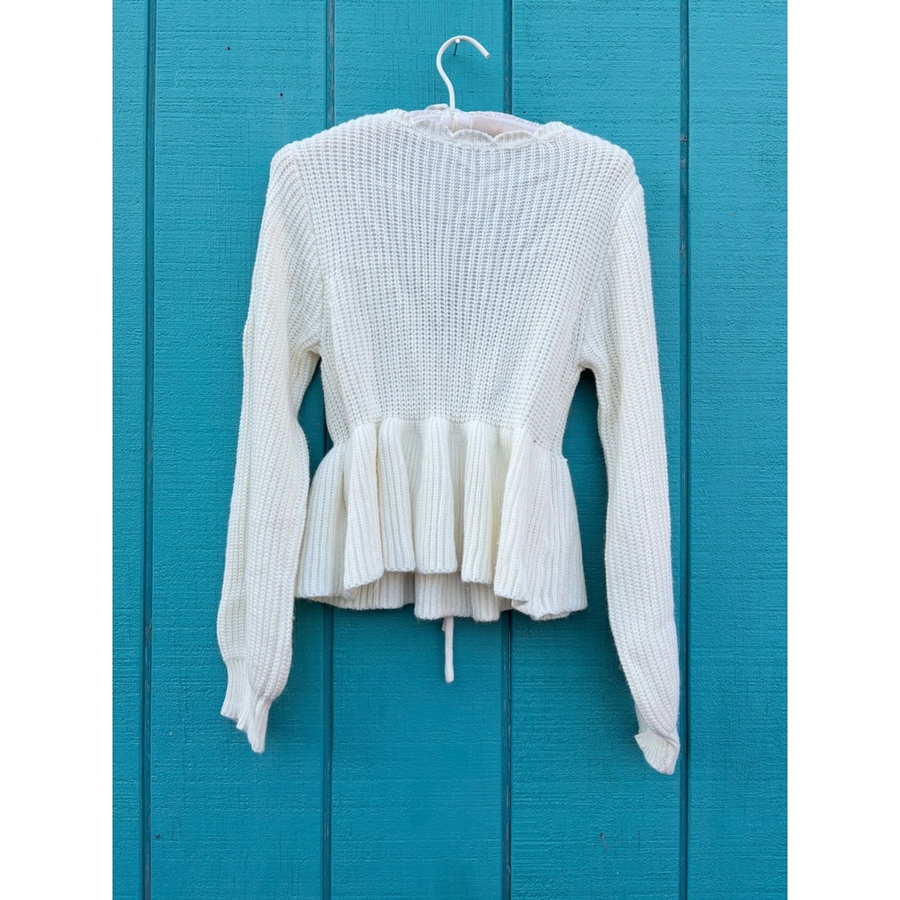 Scallop Ruffle V-Neck Peplum Ribbed Knit Sweater Balloon Sleeve Drawstring Waist - Picture 6 of 7